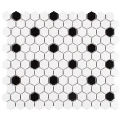 Merola Tile Metro Hex Matte White With Black Dot 10-1/4"x11-7/8" X 6mm Porcelain Mosaic Tile (8.65 Sq. Ft. / Case)